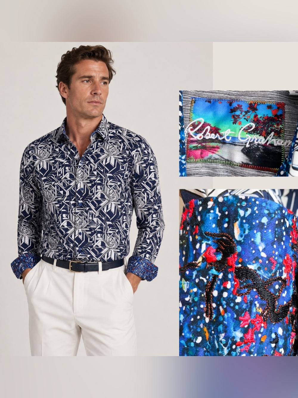 Robert Graham Navy Geometric Button Down Shirt Embroidery Classic Fit Men Size L